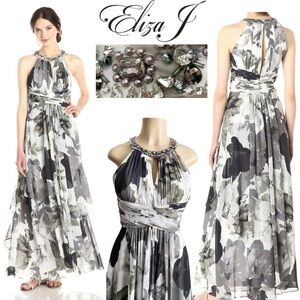 Eliza J Gray Floral Chiffon Halter Maxi Dress Beaded Formal Gown Event Wedding 2